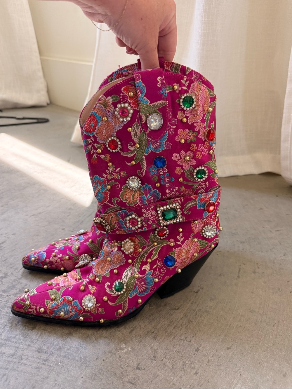 Fuchsia Embroidered Mid-Calf Western Boots with Jewel Accents - Picture 6 of 8